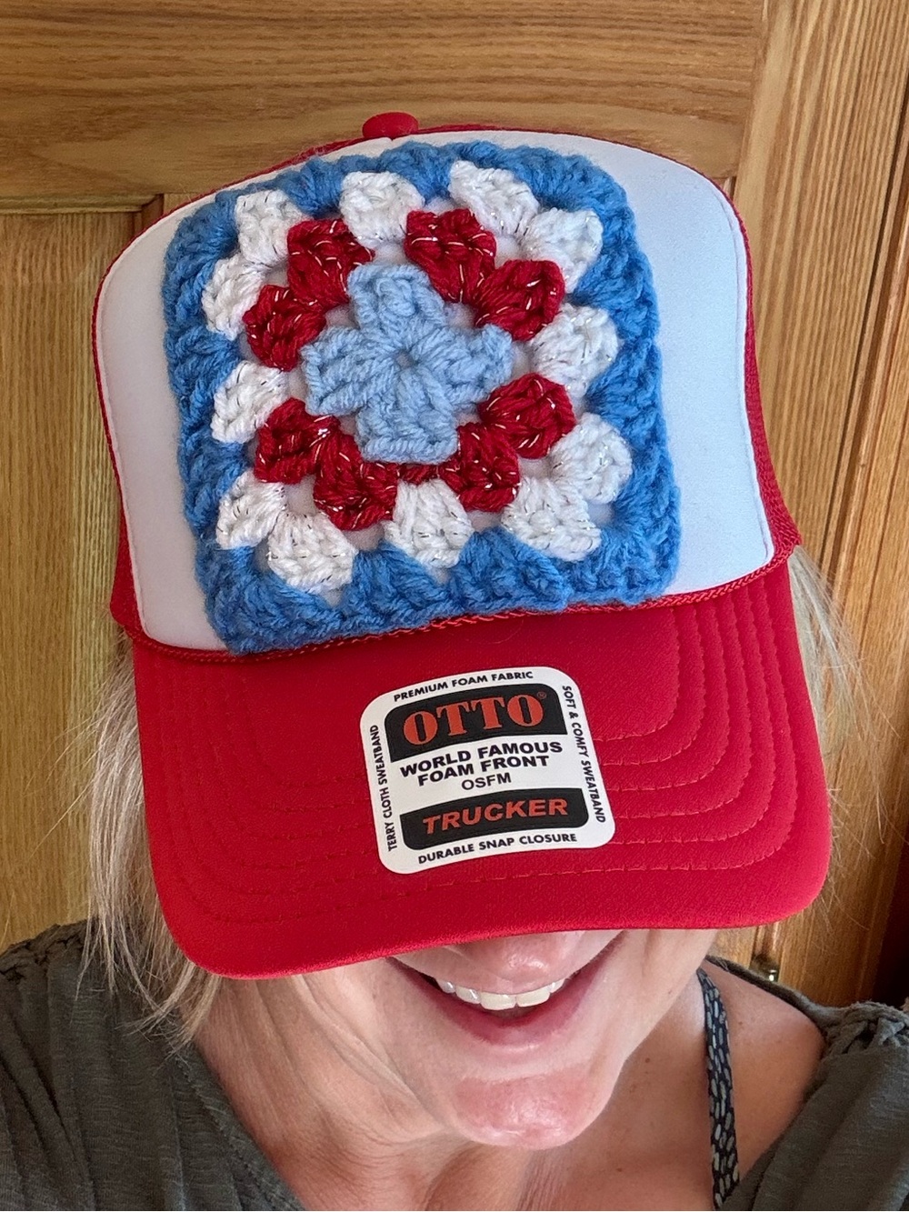 OTTO Red White Trucker Hat with Handmade Crochet Granny Square Patch NWT